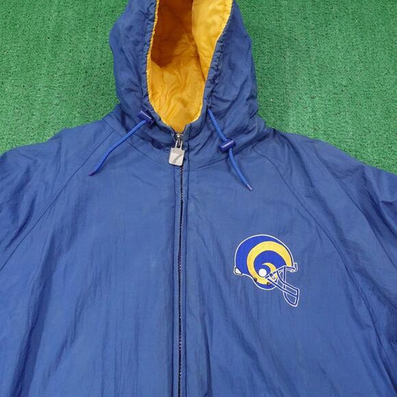 Vintage St. Louis Rams Puffer Jacket Mens Blue NFL Football Hooded Logo 7 90s - Picture 2 of 16